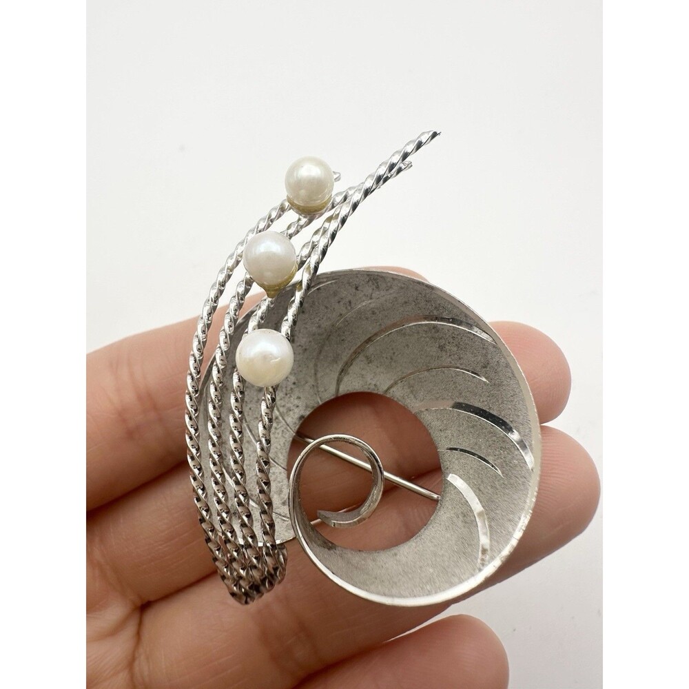 Vintage Sterling Silver Faux Pearl Modernist Brooch Pin